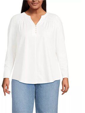 Lands' End White LS Lightweight Soft Jersey Notch Neck Button Detail Tunic Top